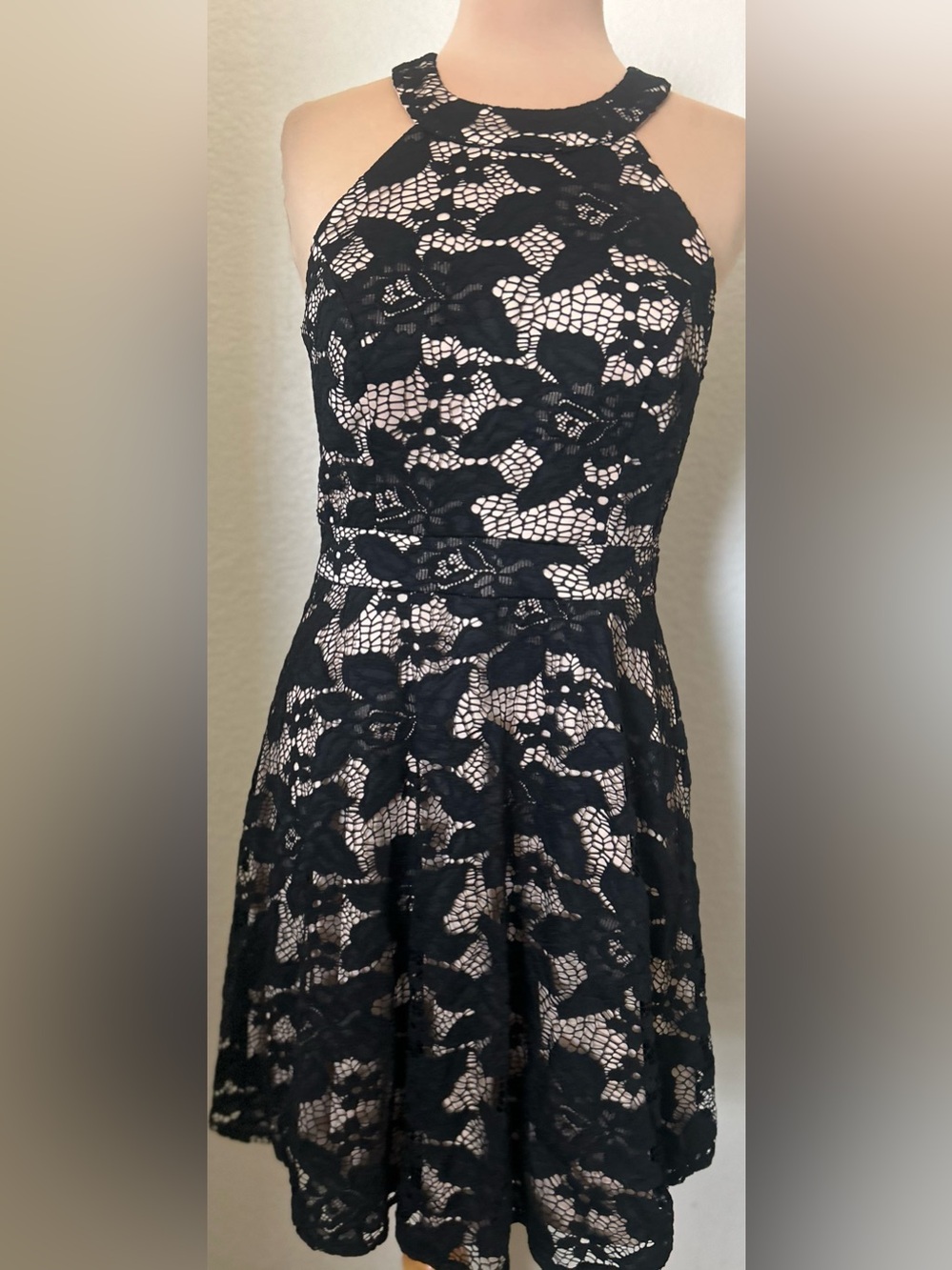 INC International Concepts Black Lace Fit & Flare Dress with Nude Underlay